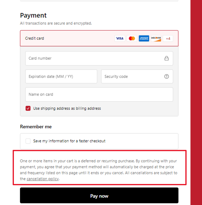 Screenshot of checkout subscription acknowledgment on hillsbros.com