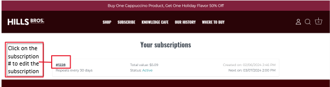 Screenshot of subscription management page on hillsbros.com