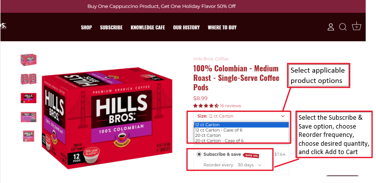 Screenshot of product page indicating how to create a subscription on hillsbros.com