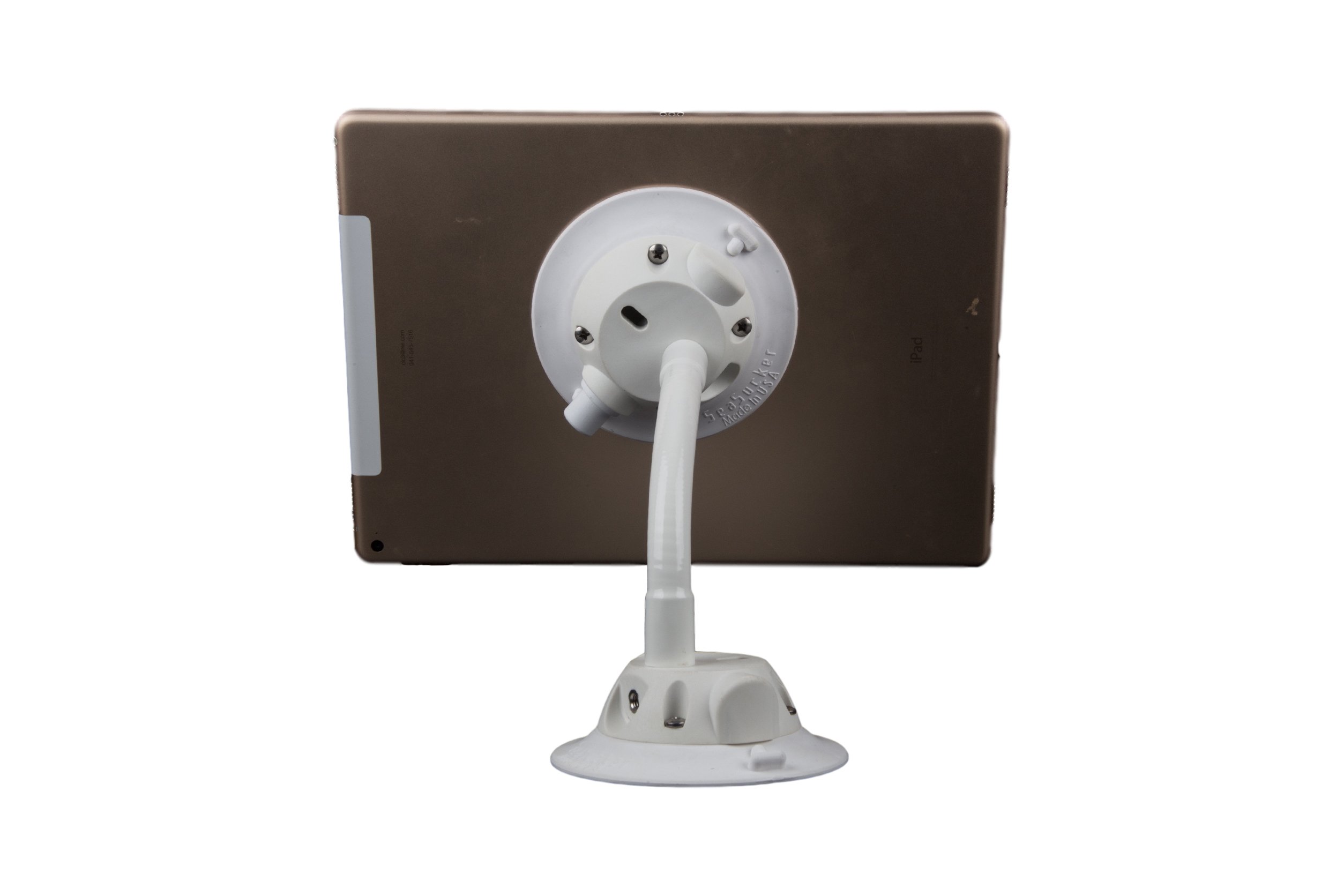 SeaSucker Naked Flex Mount in White Holding an iPad with Satin Finish