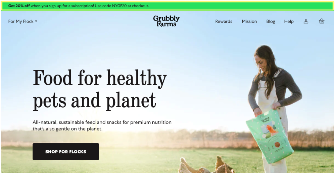 Grubbly farms homepage the promotion bar is located at the top of the screen it is green with a yellow highlight to indicate featured promotions can be found here