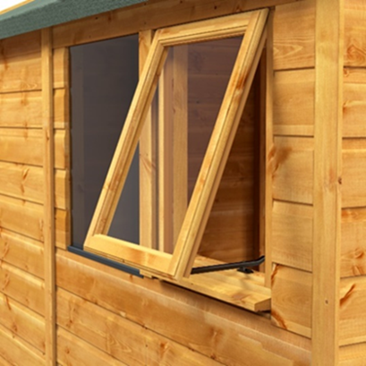 A small wooden house with a door open

Description automatically generated
